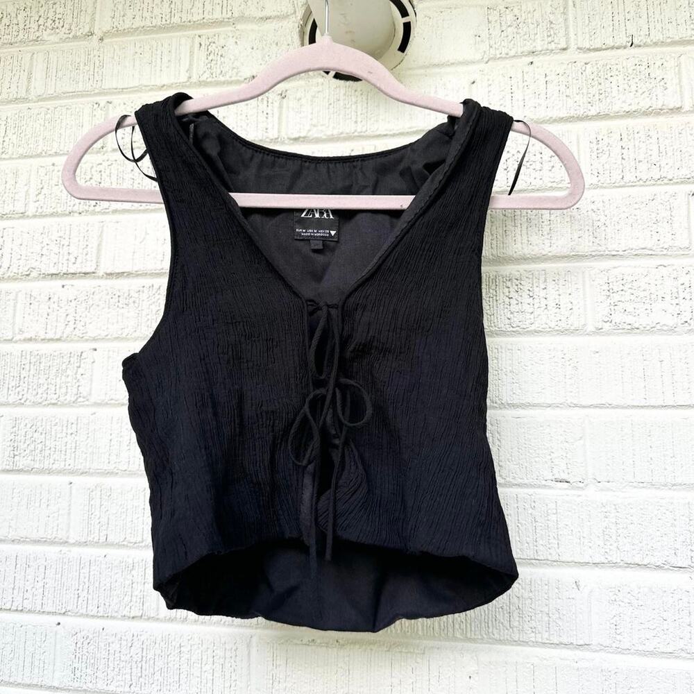 Zara Black Textured Tie Front Crop Tank Top